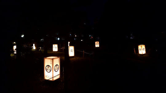 Glowing paper lanterns with samurai crests along the park path